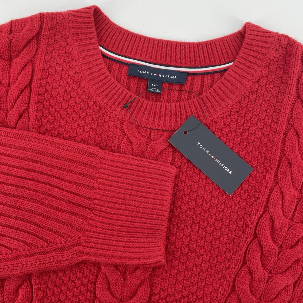 Tommy Hilfiger Sweater Women's Size Large Red Cable Knit Crewneck Pullover NEW